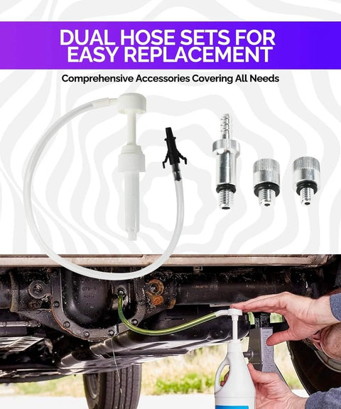 Transmission Fluid Transfer Pump Kit For Cars And Marine Motors With Extra Long Hose shown during oil refill under a vehicle.