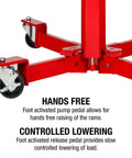 Base view of Beefy 1000 Lb Air And Hydraulic Telescoping Transmission Jack With Adjustable Saddle Arms, showcasing wheels and pedal controls.