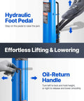 Hydraulic foot pedal and oil-return handle on Heavy Duty Transmission Jack Lift With 1100 Lbs Capacity, 33 To 67 Inch Hydraulic Telescoping Stand, 2 Stage, Foot Pedal, 360 Degree Swivel Wheels For Garage And Shop Auto Work
