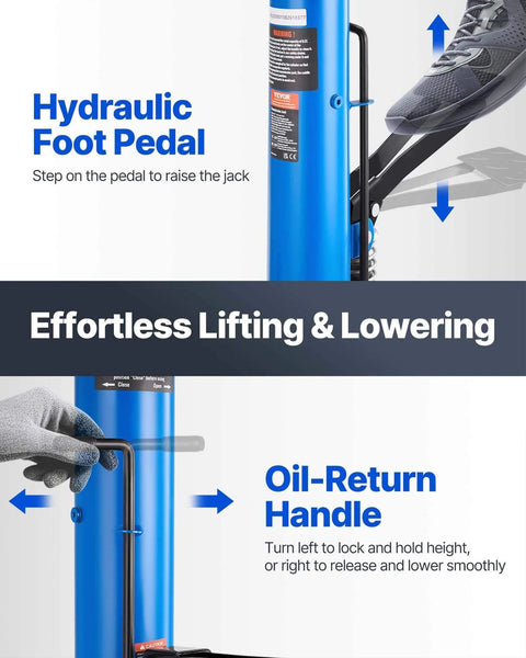 Hydraulic foot pedal and oil-return handle on Heavy Duty Transmission Jack Lift With 1100 Lbs Capacity, 33 To 67 Inch Hydraulic Telescoping Stand, 2 Stage, Foot Pedal, 360 Degree Swivel Wheels For Garage And Shop Auto Work