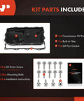 Transmission Oil Pan With Gasket And Drain Plug For Ram 1500 2500 3500 Jeep Grand Cherokee Dodge Charger Challenger Chrysler 300 With 8 Speed Automatic Transmission Direct Fit, showing included parts: oil pan, gasket, screws, and instructions.