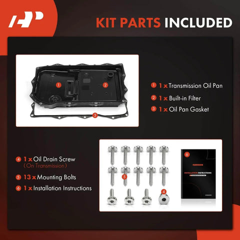 Transmission Oil Pan With Gasket And Drain Plug For Ram 1500 2500 3500 Jeep Grand Cherokee Dodge Charger Challenger Chrysler 300 With 8 Speed Automatic Transmission Direct Fit, showing included parts: oil pan, gasket, screws, and instructions.