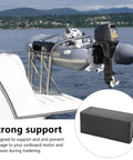 Boat transom saver with hydraulic tilt protection for outboard motors, easy install, shown on boat and close-up of rubber guard.