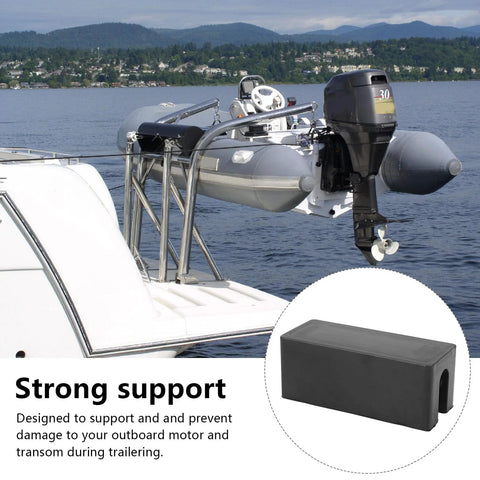 Boat transom saver with hydraulic tilt protection for outboard motors, easy install, shown on boat and close-up of rubber guard.