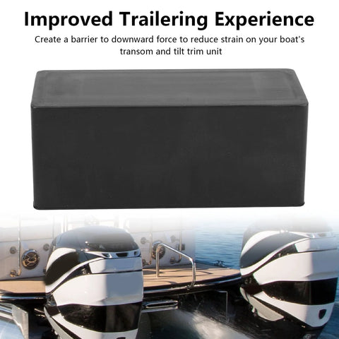 Transom Saver Rubber Motor Support for Outboard Hydraulic Tilt Systems, shown as a rectangular black rubber block with boat motors.