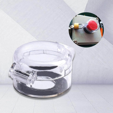 Clear 22mm transparent plastic push button switch protector cover shield for round button switches, shown open and installed on a panel.