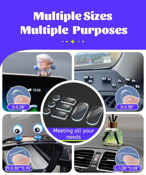 Removable Car Double Sided Glue Dots For Dash Decor, 268 pcs in various shapes installed on car dashboard and decor items.