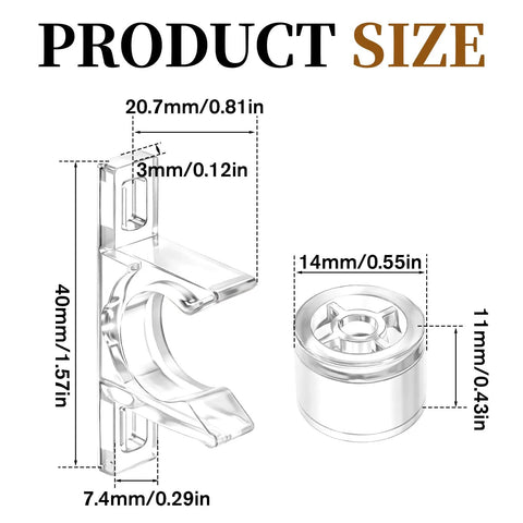 Product size diagram of 8 Pairs False Front Cabinet Clips for Kitchen Cabinets, Transparent Clips with detailed measurements.