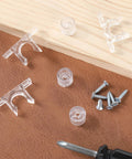 8 Pairs False Front Cabinet Clips for Kitchen Cabinets with screws and transparent design on wooden surface