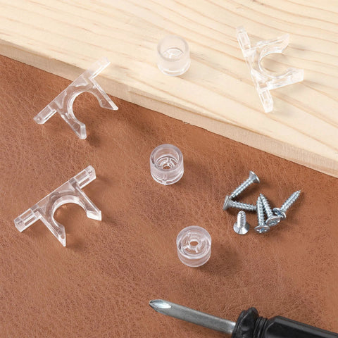 8 Pairs False Front Cabinet Clips for Kitchen Cabinets with screws and transparent design on wooden surface