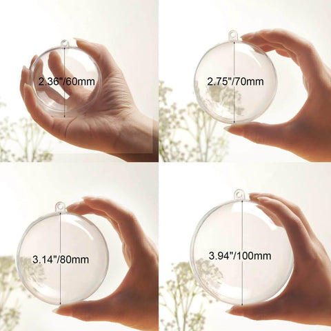 Four hands holding different sized transparent plastic balls labeled with dimensions, including a 3.14/80mm ball for DIY craft ornaments.