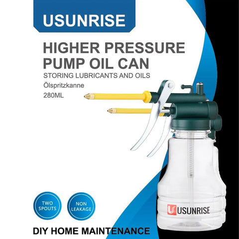 Two Pack Transparent High Pressure Oil Can Oiler With Rigid And Flexible Spouts And Thumb Pump Clear Plastic Bottle Kit visible