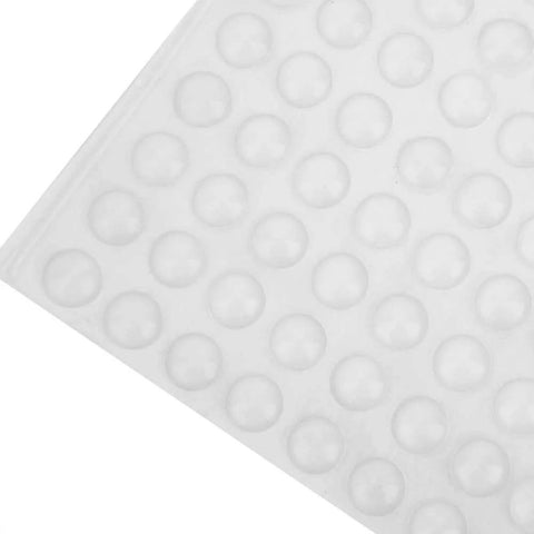 Self Adhesive Anti Slip Silicone Bumpers 200 Pcs Transparent Foot Pads, close-up of clear silicone bumpers for furniture and glass displays.