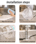 Installation steps for transparent suction cup handle: wipe wall clean, apply handle, lock mechanism, completed setup on glass surface.
