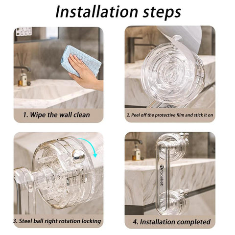 Installation steps for transparent suction cup handle: wipe wall clean, apply handle, lock mechanism, completed setup on glass surface.