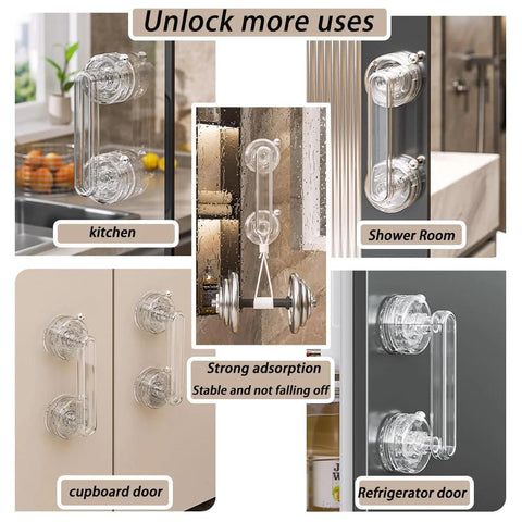 Transparent Suction Cup Handle For Bathroom Kitchen Shower Sliding Glass Doors Cabinets And Drawers, shown on various surfaces