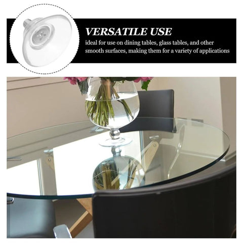 Glass table with a suction cup for versatile use, featuring part of a text describing the benefits of the suction cup for multiple surfaces.