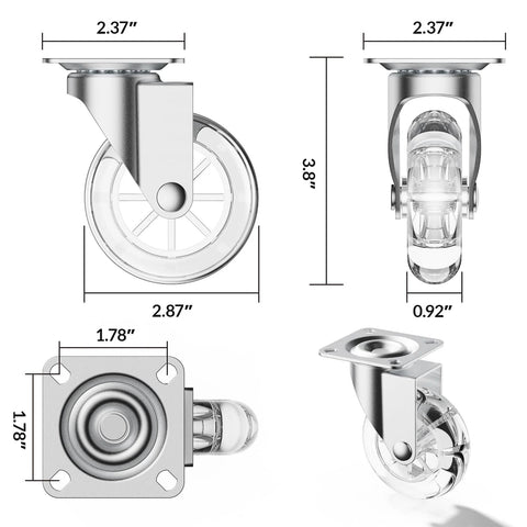 Three Inch Transparent Swivel Casters Without Brakes For Furniture, 360 Degree Rotation, Lightweight Yet Durable Polyurethane Casters
