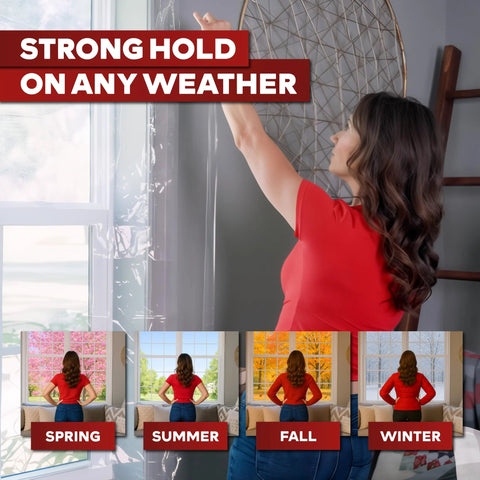 Woman applying Transparent Window Weather Sealing Tape 2 Inch by 30 Yard Clear Draft and Air Tight Seal for Windows on a window.