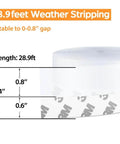 28.9 Ft Weather Stripping Door Seal Strip Tape, transparent silicone draft stopper, showing measurements and gap suitability