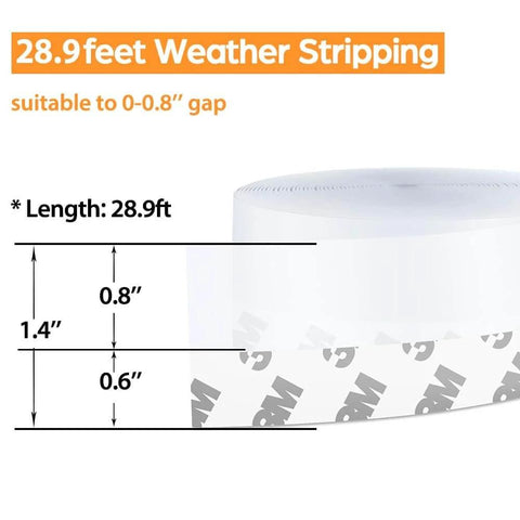 28.9 Ft Weather Stripping Door Seal Strip Tape, transparent silicone draft stopper, showing measurements and gap suitability