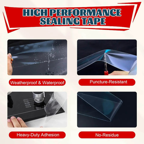 Window Sealing Tape 2 Inch x 33 FT Transparent Window Draft Insulation with weatherproof and puncture-resistant features displayed.