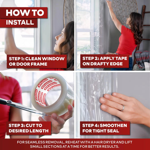 Installation steps for Transparent Window Weather Sealing Tape 2 Inch by 30 Yard Clear Draft and Air Tight Seal for Windows