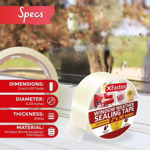 Transparent Window Weather Sealing Tape 2 Inch by 30 Yard Clear Draft and Air Tight Seal with product label and specs visible