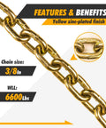 Close-up of yellow zinc-plated ✝️ G70 Transport Chain 3/8'' x 10 Foot - 6,600 Pound, shown with chain size and WLL