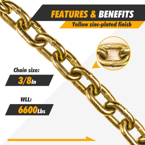 Close-up of yellow zinc-plated ✝️ G70 Transport Chain 3/8'' x 10 Foot - 6,600 Pound, shown with chain size and WLL
