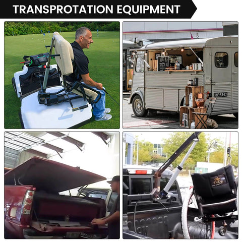 Collage showing different transportation equipment including mobility aids and loading mechanisms.