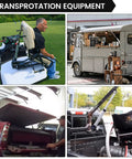 Various transportation equipment including a golf cart seat, mobile coffee truck, truck bed storage, and vehicle lift arm.