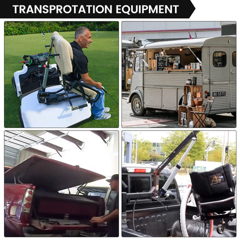 Various transportation equipment including a golf cart seat, mobile coffee truck, truck bed storage, and vehicle lift arm.