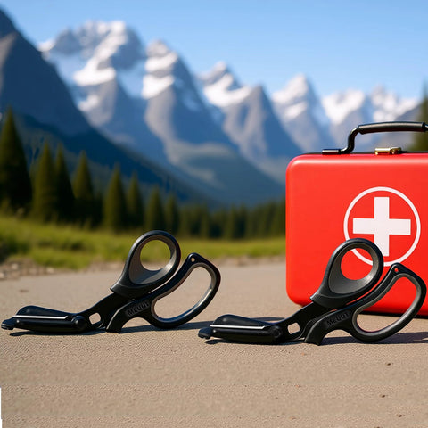 2 Pack Medical Trauma Shears For Left And Right Hand with Red Emergency Kit in Mountain Setting