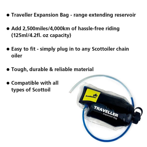 Traveler Kit includes Scottoil expansion bag for Micro XSystem 3 Point 0 Plus Electronic Automatic Motorcycle Chain Lubrication
