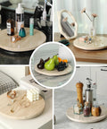 Natural Travertine Lazy Susan Turntable Organizer with toiletries, jewelry, and kitchen items displayed on countertop and table.