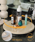 Natural Travertine Lazy Susan Turntable Organizer for Tabletop and Countertop with bathroom items on top, 12-inch round serving tray