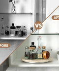 Before and after view of Natural Travertine Lazy Susan Turntable Organizer in cabinet with bottles and jars