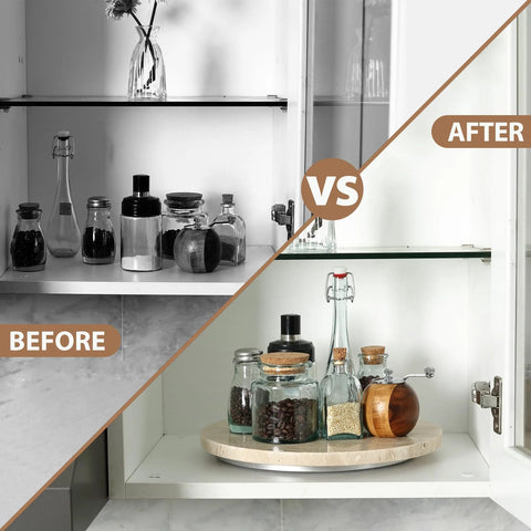 Before and after view of Natural Travertine Lazy Susan Turntable Organizer in cabinet with bottles and jars