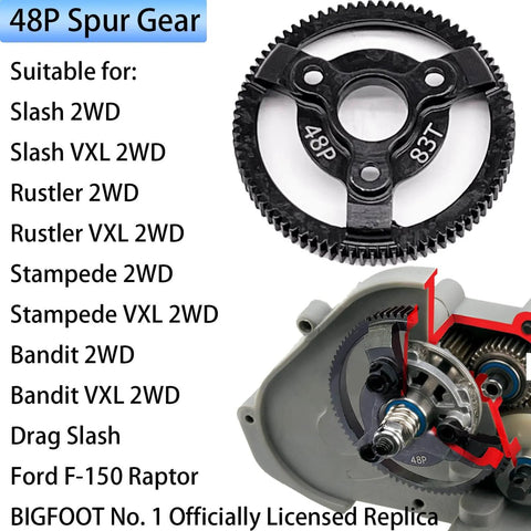 Traxxas Hardened Steel Spur Gear Upgrade 83T for 1/10 Slash Stampede Rustler Bandit 2WD VXL XL5 F150 SVT with gear diagram
