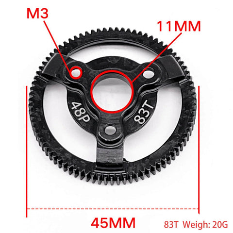 Traxxas Hardened Steel Spur Gear Upgrade 83T 1/10 Slash 2WD VXL XL5 gear size diagram with 48P and dimensions