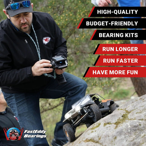 Man controlling RC truck with Sealed Bearing Kit For Traxxas TRX 4 1979 Chevrolet K10 High Trail RC Crawler Upgrades outdoors