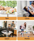 Rolling Salon Tray On Wheels For Pros In Salons And Tattoo Studios Adjustable Height Hair Stylist Cart From 22 To 38 Inches Metal Mayo Stand Tray No Rust Color Tray For Salon Medical Or Spa Use displayed in various settings: spa, clinic, salon, home.
