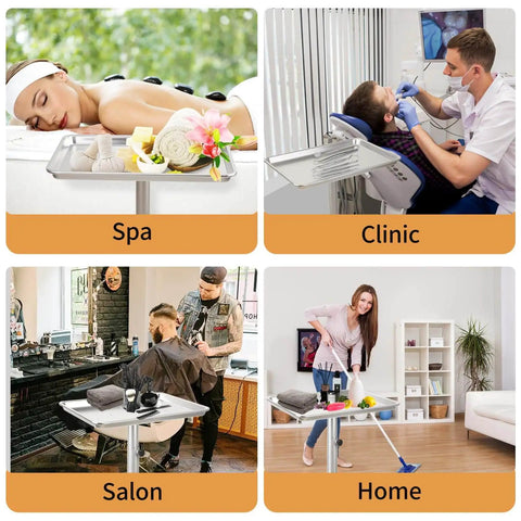 Rolling Salon Tray On Wheels For Pros In Salons And Tattoo Studios Adjustable Height Hair Stylist Cart From 22 To 38 Inches Metal Mayo Stand Tray No Rust Color Tray For Salon Medical Or Spa Use displayed in various settings: spa, clinic, salon, home.