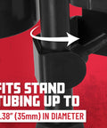 Microphone Stand Accessory Tray With Drink Holder And Guitar Pick Tab For Easy Access During Performances, 12 By 7 Inches, Fits Stands Up To 1.38 Inches Diameter, shown clamped on a stand.