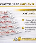 Five sachets of treadmill lubricant showcasing Complete Treadmill Maintenance Kit With 5 Applications Of One Hundred Percent Silicone Belt Lubricant.