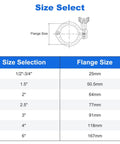 Size chart for Tri Clamp 5 Pcs Single Pin Heavy Duty With Wing Nut Generic Ferrule TC, showing various flange sizes and dimensions.