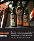 Tri-Flow Superior Lubricant bottles on a bike frame, showcasing high-grade lubrication for extreme temperatures.