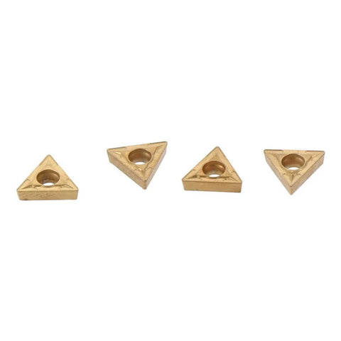 Four tin-coated 20Pcs TCMT110204 US735 Triangle Carbide Inserts For Lathe Tools And Internal Milling Cutter Boring Bar Set against white background