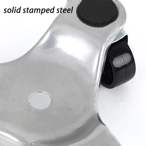 Close-up of solid stamped steel frame with a black swivel caster from the 8 Piece Triangle Furniture Dollies Set With 6 Inch Steel Swivel Caster Wheels For Moving Heavy Furniture And Appliances Up To 400 Lbs Protective Foam Discs Cushions To Reduce Noise And Prevent Damage
